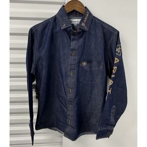 Ariat Denim Western Button Up Shirt Embroidered Logo Sleeve Men's Small
